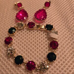 red, green, clear, & gold costume bracelet with coordinating red earrings